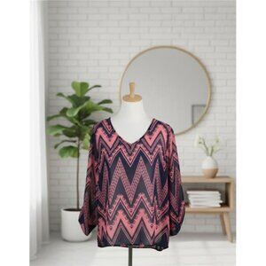 Living Doll Chevron Blouse Blue Pink V Neck Roll Tab Sleeve Polyester Size L